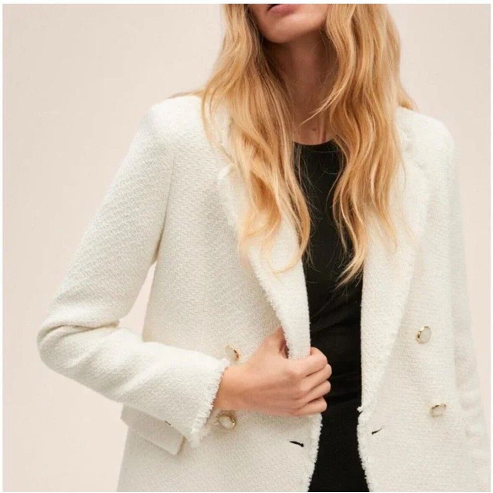 Mango White Bouclé Double-Breasted Blazer